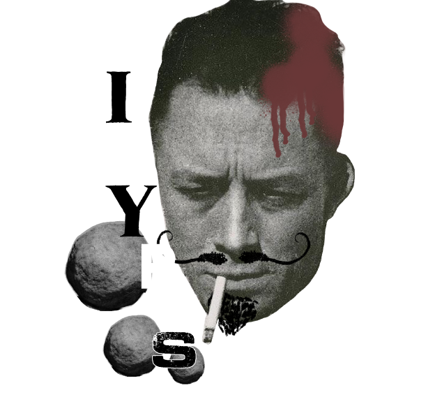 collage of Albert Camus smoking a cigarette with a mousache drawn on to mimic dada artwork and the words sisyphus next to Camus' face